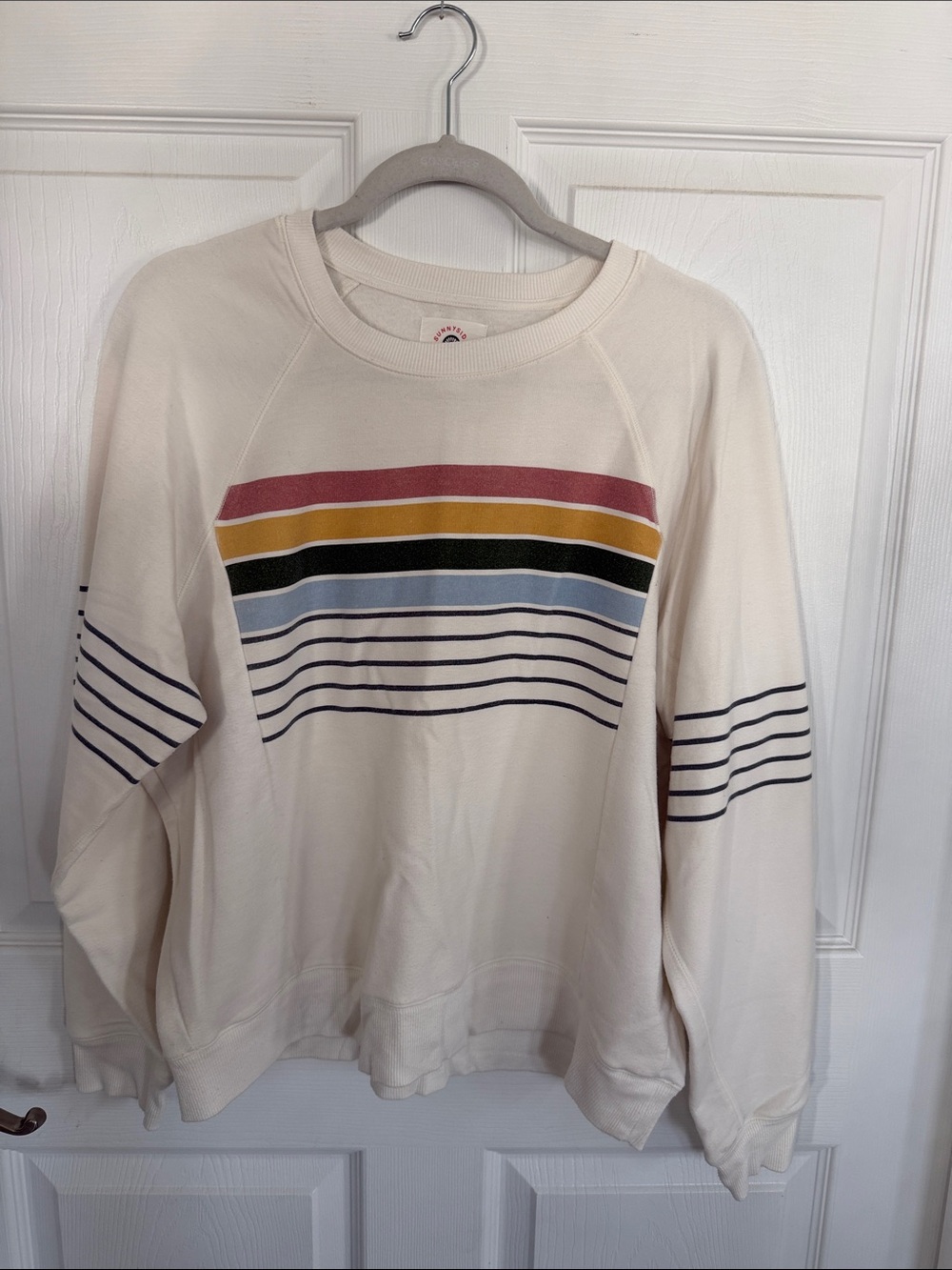 Cream Striped Crewneck Sweatshirt with Multicolor Chest Stripes